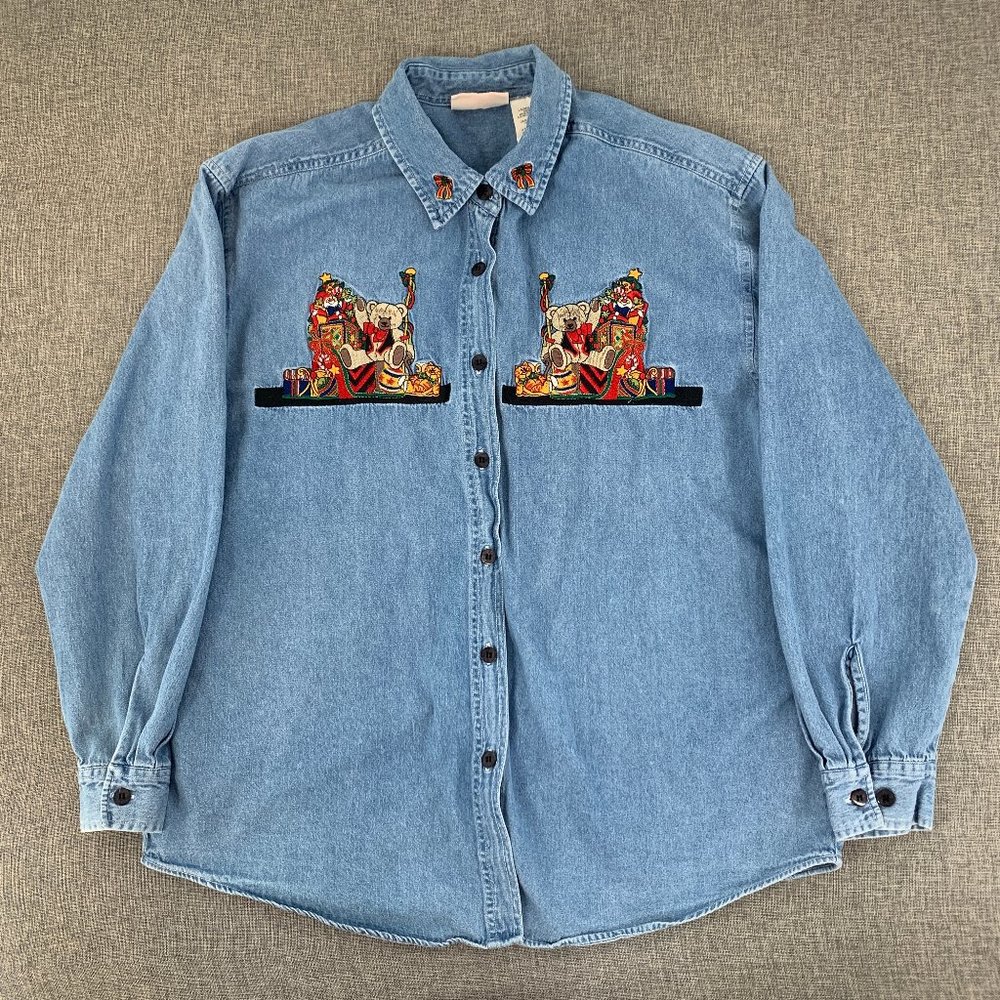 Womens Faded Glory Denim Christmas Shirt Long Sleeve Embroidered Teddy Bears